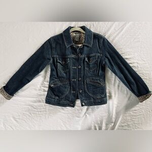 Chico's platinum dark denim jacket with leopard print cuffs!